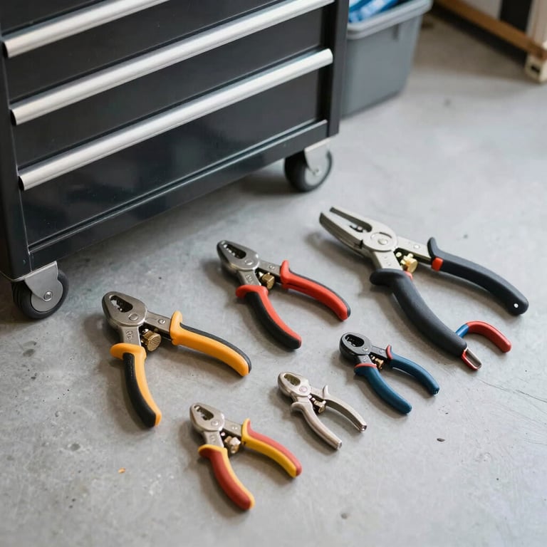 An organized, clean toolbox with professional plumbing gear on a light gray workshop floor.