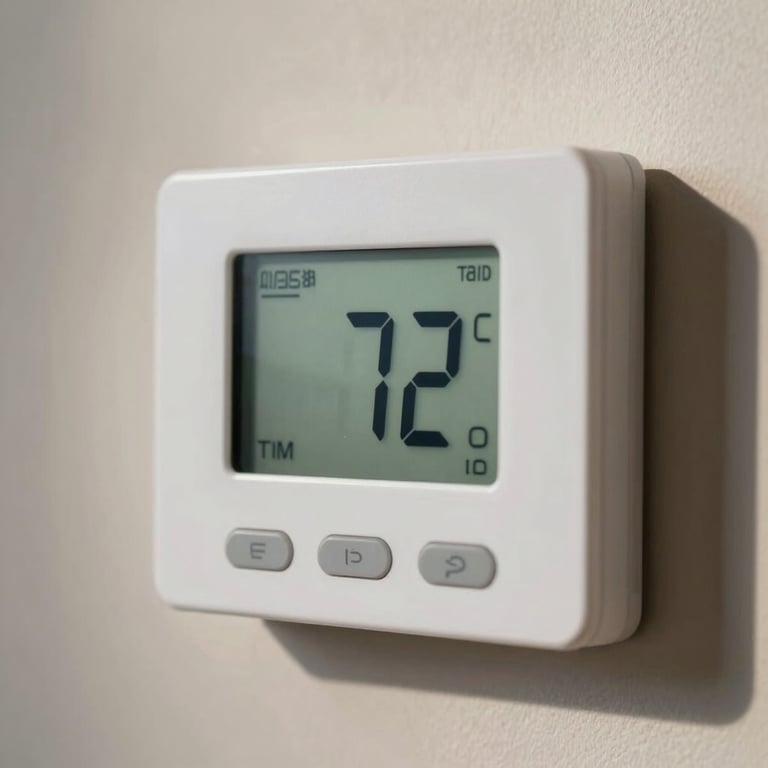 Close-up of a modern digital thermostat in a clean, shaded indoor environment, displaying a comfortable 72 degrees, soft lighting.