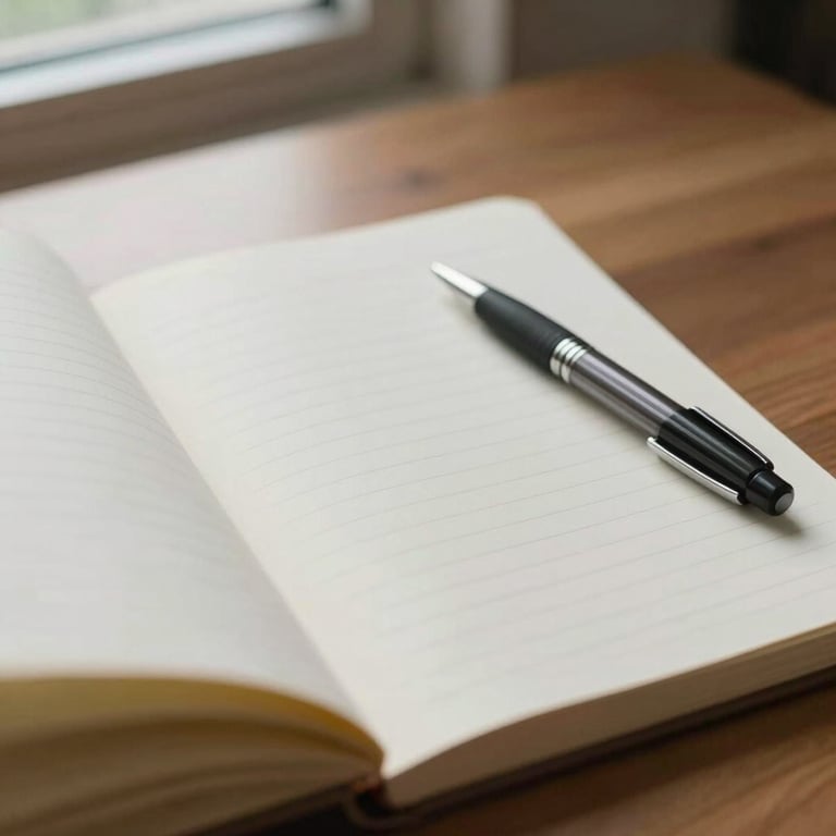 Close detail of an open clinical notebook and pen resting on a wooden desk surface, natural window light falling across the page, clean and spare composition, no text visible, muted neutral tones