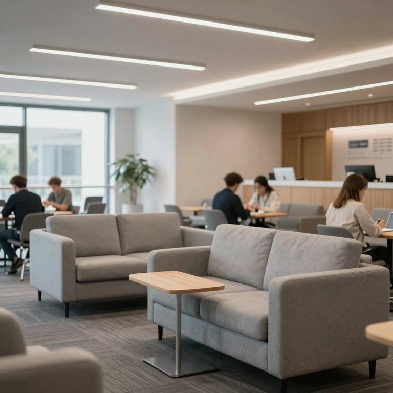 An airy, modern student lounge area with soft gray furniture and clean, professional decor.