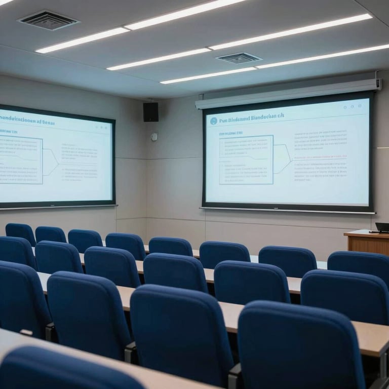 A futuristic classroom interior in South Asia featuring interactive digital screens and deep blue seating.