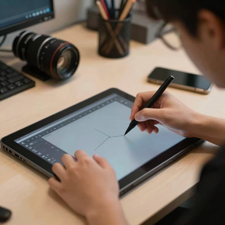 A student's hands skillfully working on a digital design tablet in a high-tech creative studio.