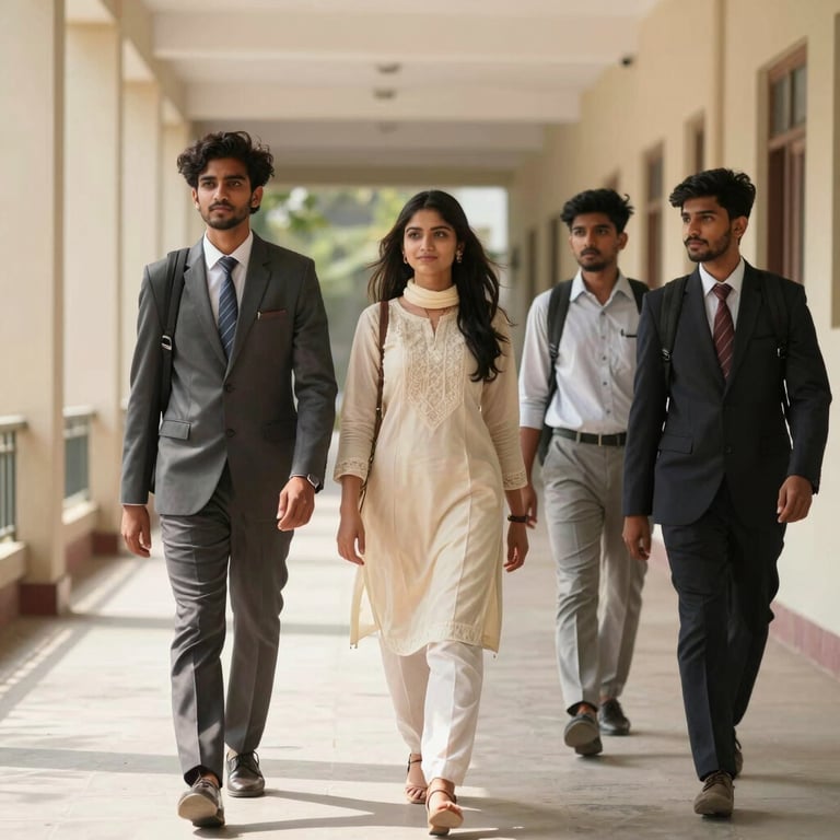 Confident Pakistani students walking through a sun-drenched, professional campus corridor.