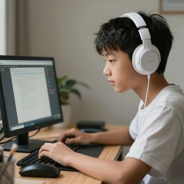 A young student engaged in a personalized digital learning session using modern software and white headphones.