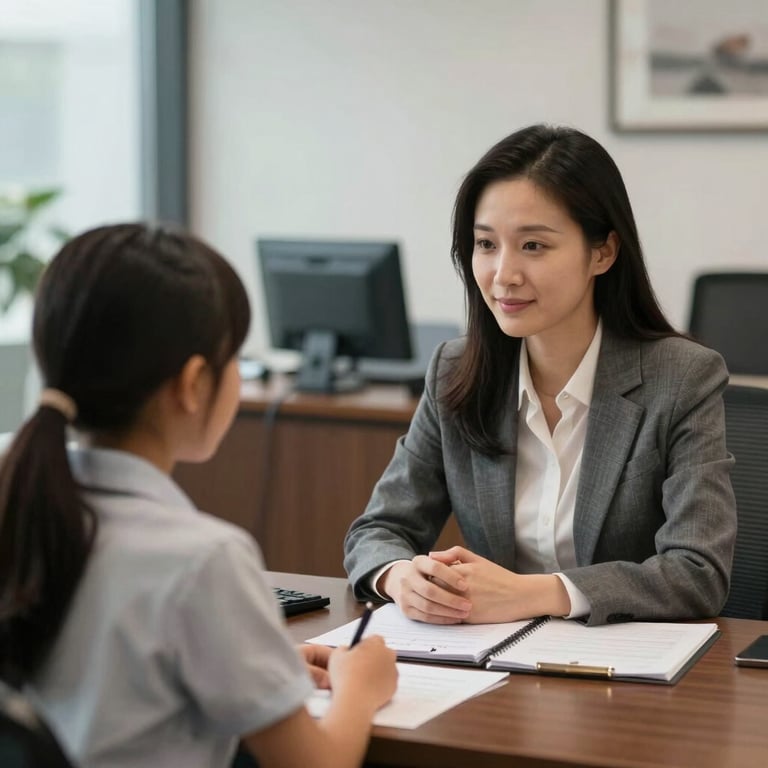 Professional one-on-one mentoring session between a teacher and a student in a sleek, premium office setting.
