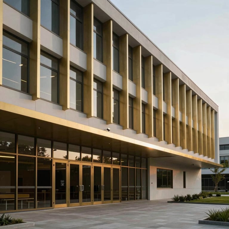 Exterior architectural shot of YOON School's minimalist campus in Mayar with elegant gold accents.