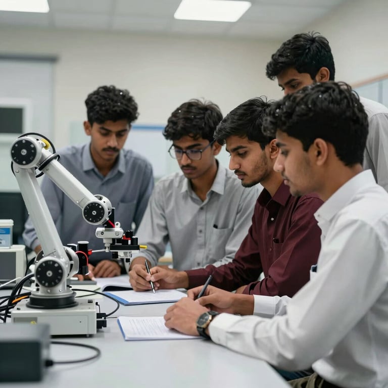 A group of Pakistani students collaborating in a modern STEM lab with advanced robotics equipment.