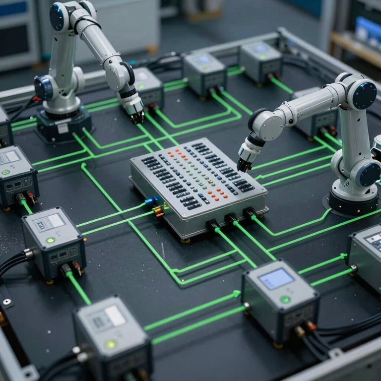 Technical schematic diagram of an edge-to-cloud data pipeline syncing robotic PLCs with an enterprise ERP database, sharp green lines on a dark background.