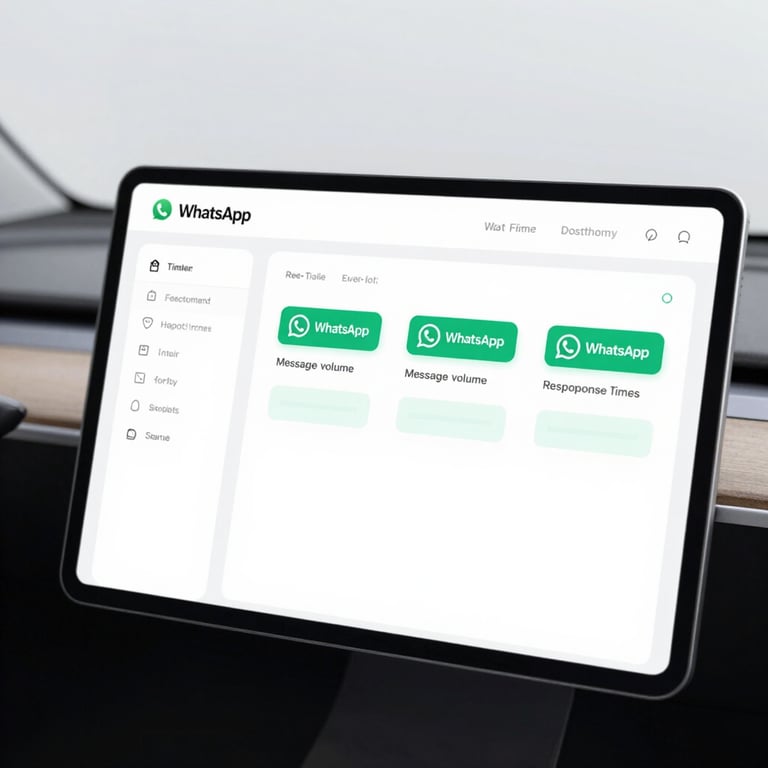 A clean, white dashboard screen showing real-time analytics for WhatsApp message volume and team response times.