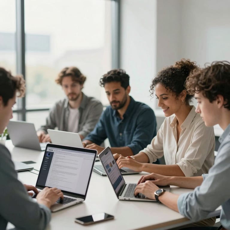 A group of diverse professionals working together in a modern, sunlit office, collaborating via the IVRON software on their laptops.