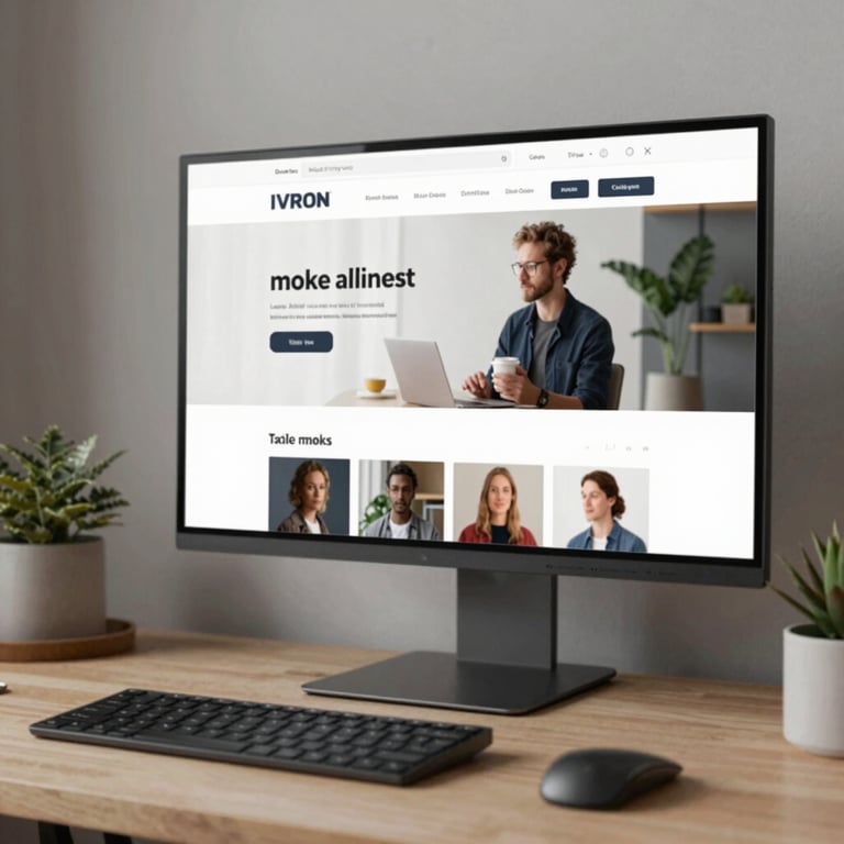 A stylish home office setup with a high-resolution monitor displaying the IVRON platform, conveying a modern work lifestyle.