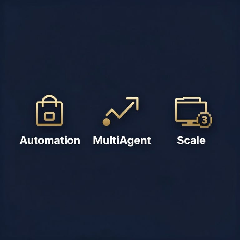 Minimalist gold icons on a dark blue background representing 'Automation', 'Multi-Agent', and 'Scale'.