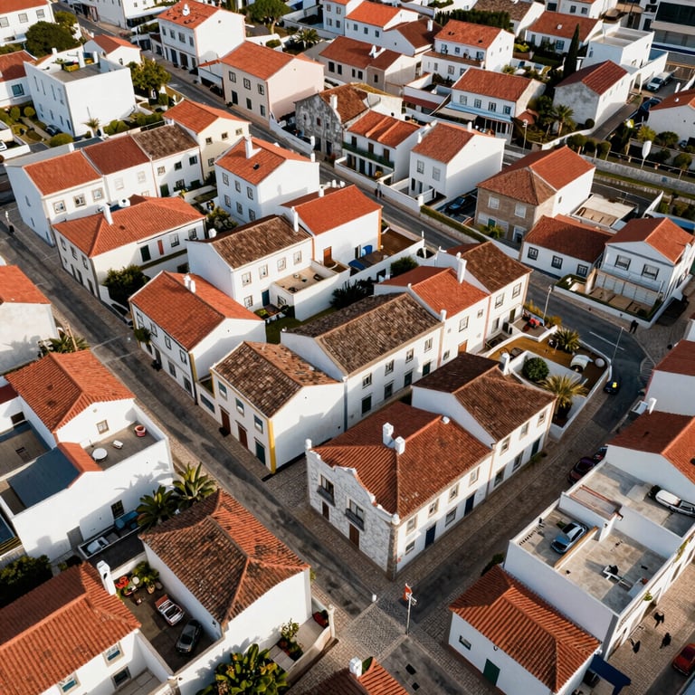 Aerial view of a coastal residential area in Portugal with white houses and terracotta roofs.