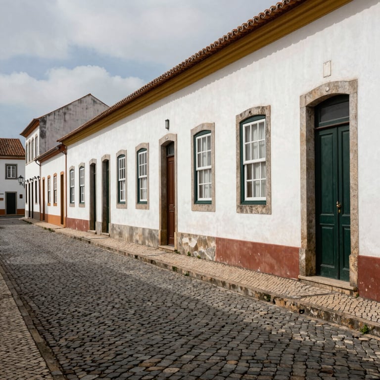 A typical Portuguese street with traditional architecture and cobblestone pavement, Sul Europeu.