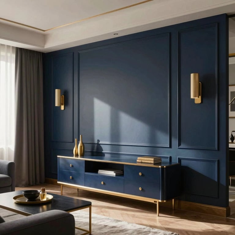Modern apartment interior with soft sunlight and elegant decor in shades of navy blue and gold.