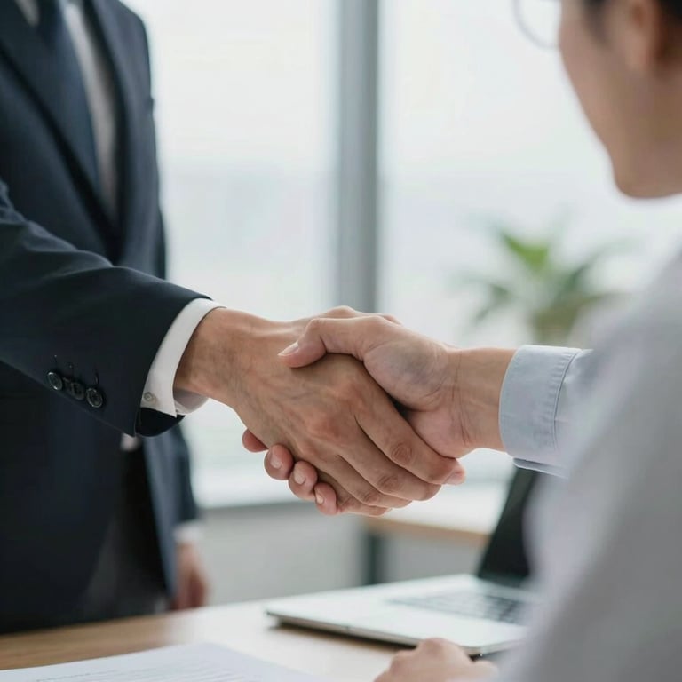 A close-up of a professional handshake between a consultant and a client in a bright office.
