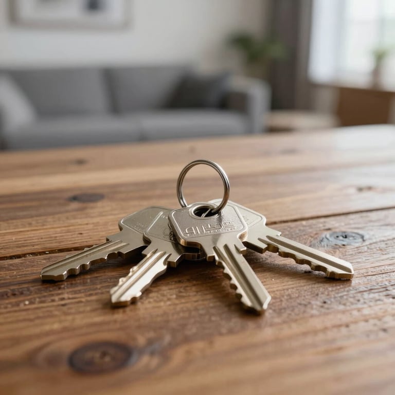 A set of keys resting on a rustic wooden table with a blurred modern home background.