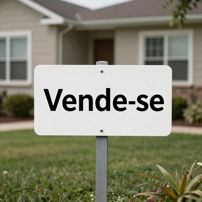 A clean, modern 'Vende-se' sign placed in a green, well-kept garden of a suburban home.