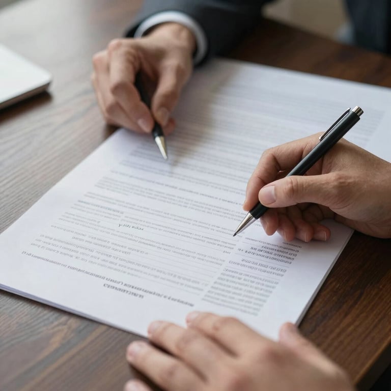 Close-up of hands reviewing physical financial balance sheets and legal documents on a dark wood table, soft natural side lighting, professional and solemn atmosphere.