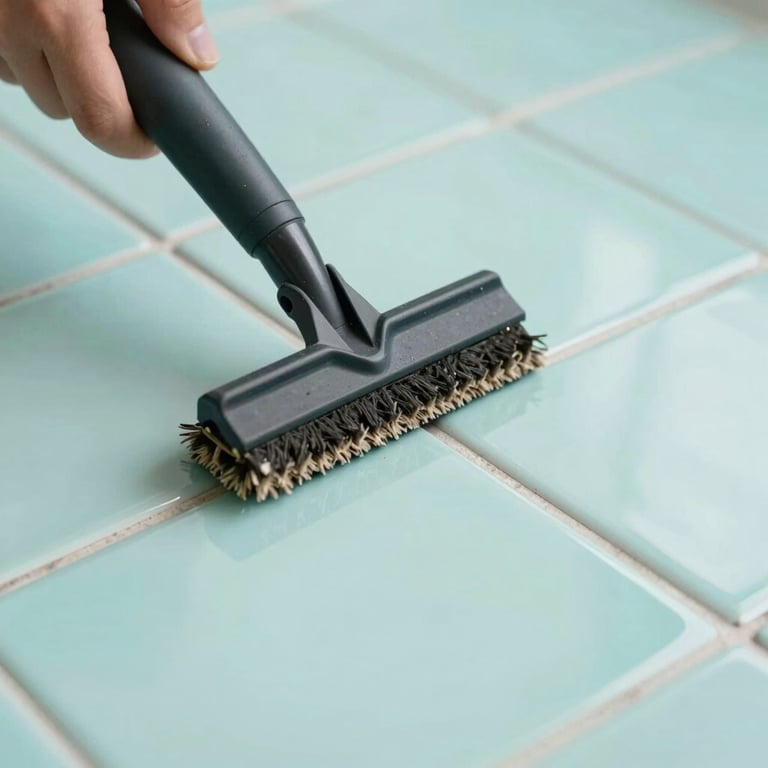 Close-up of a tile and grout cleaning tool removing dark grime to reveal white grout, reflecting a clean #EDF5F5 aesthetic.