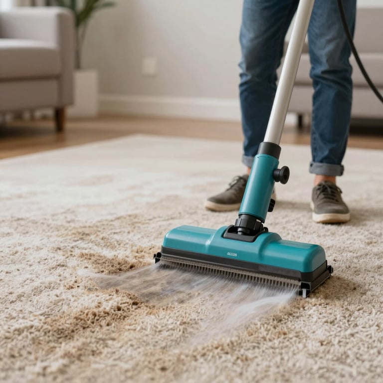 A split screen showing a before and after of a heavily stained carpet being transformed to pristine condition using #82B2B3 water extraction tools.