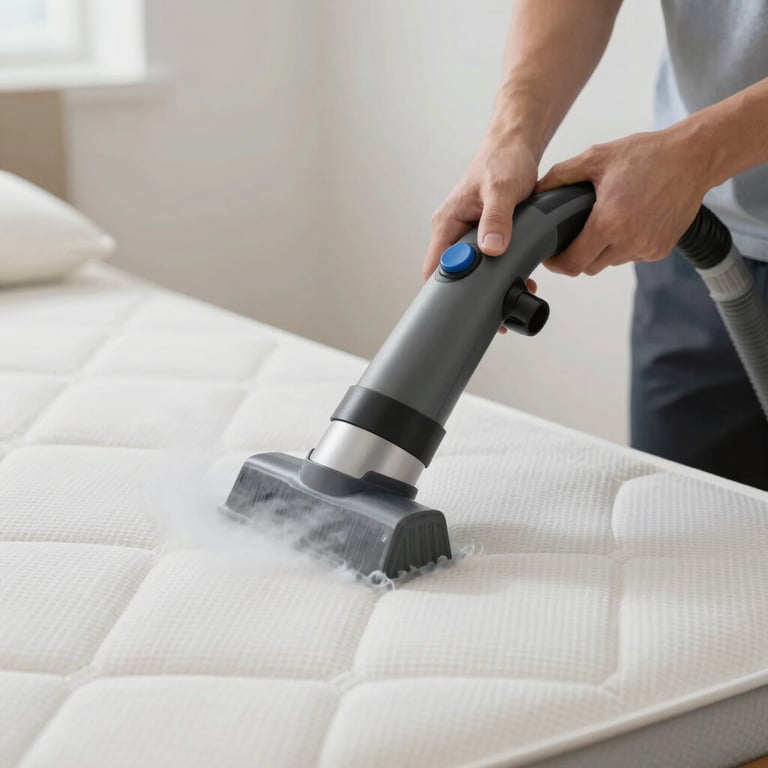 Professional steam cleaning of a mattress using specialized UV and suction tools, clean and hygienic atmosphere.