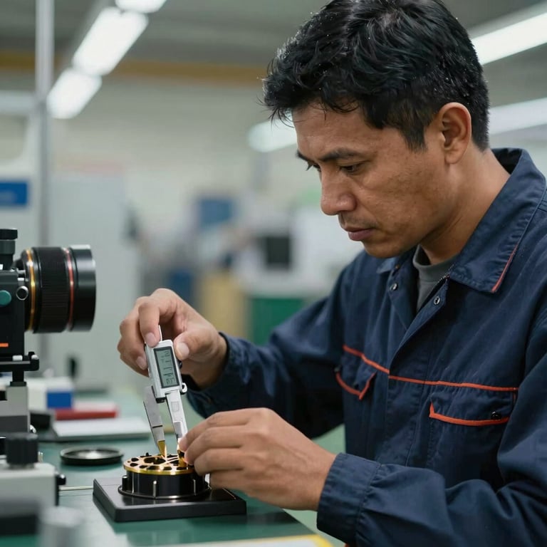A technician in dark blue overalls measuring a component with a digital caliper in a South American factory.