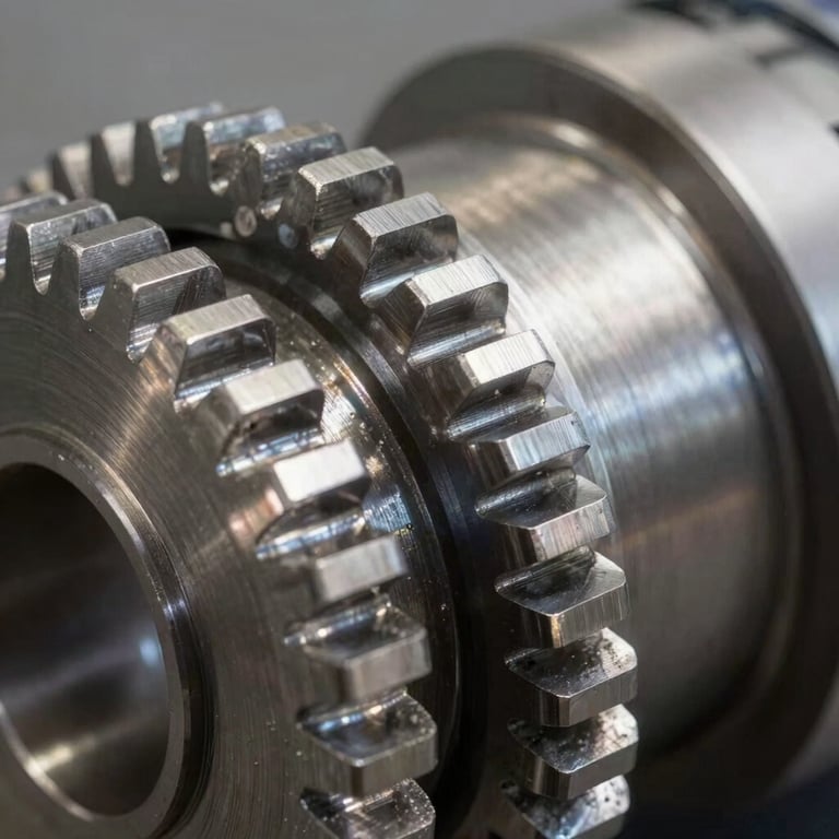 Close-up of a perfectly machined steel gear with sharp details and metallic luster.