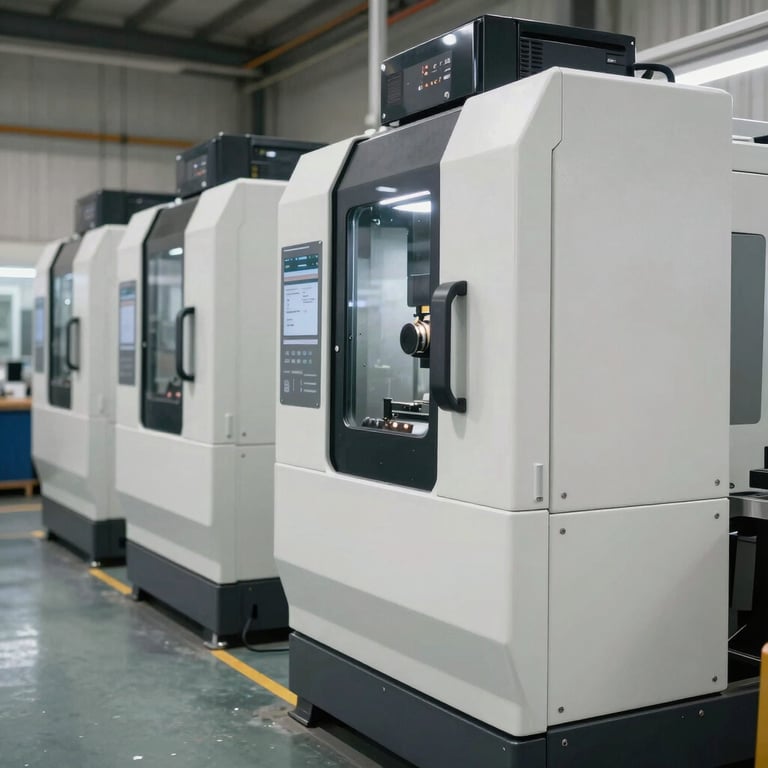 Row of modern vertical CNC machining centers in a clean, off-white industrial shop floor.