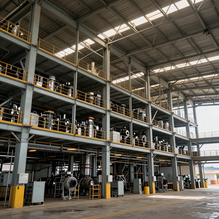 Wide view of an organized industrial facility with steel structures and high ceilings in Brazil.