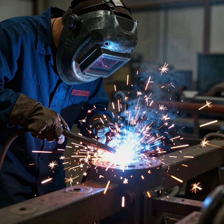 Artistic shot of industrial welding sparks in a dark environment with navy and steel blue tones.