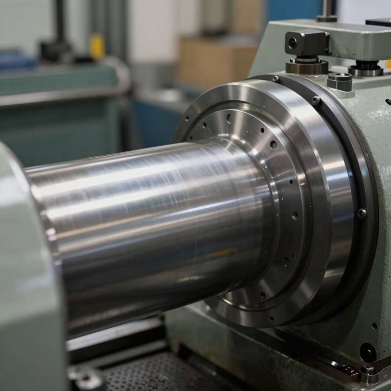 Industrial lathe turning a large metal cylinder, professional workshop lighting.