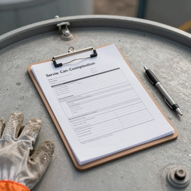 Overhead close-up of a metal clipboard holding a service completion form on a concrete tank cover, pen resting beside it, natural overcast daylight, work gloves at the edge of frame