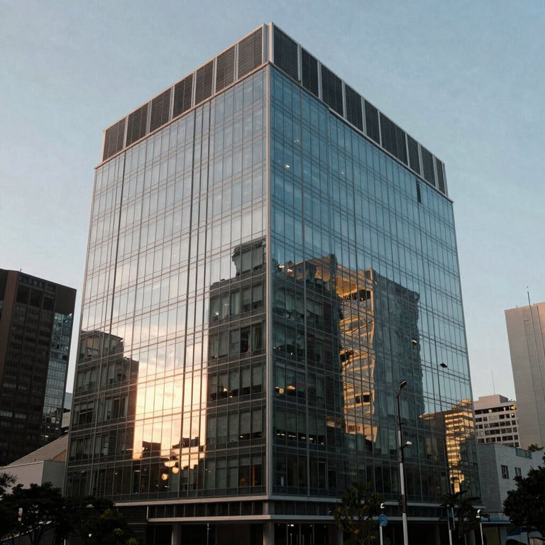 An architectural exterior shot of a modern glass office building in a major South American business district, reflected in the evening light.