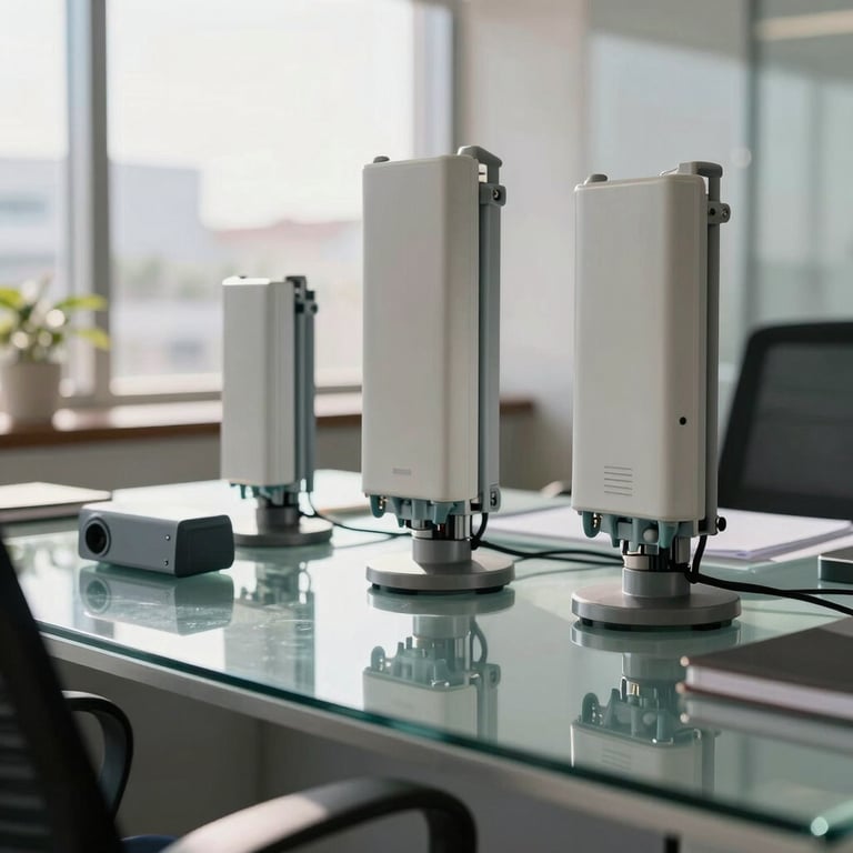 Detailed view of modern telecommunication devices on a sleek glass desk in a bright South American corporate office. Natural morning light.