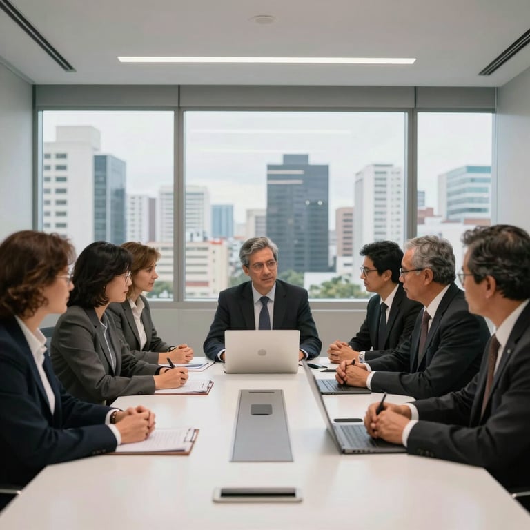 A professional team collaborating around a white conference table in a modern boardroom. Large windows showing an urban Brazilian skyline. Business professional style.