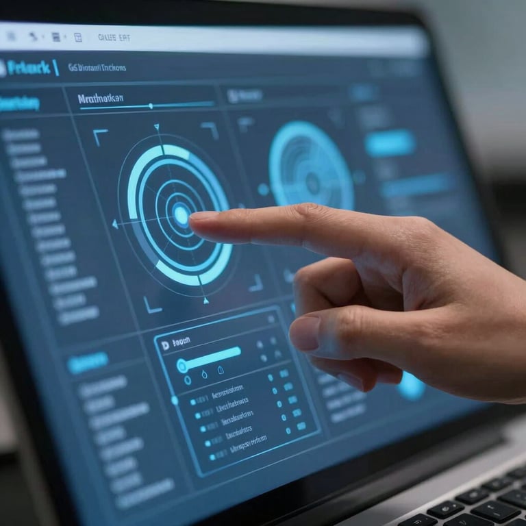 Close-up of a high-tech digital interface being used by a professional hand in a corporate setting. Steel blue lighting, modern feel.