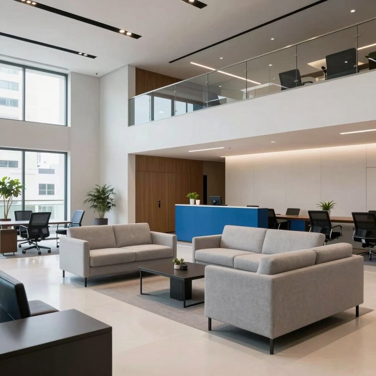 A wide shot of a contemporary office lobby in São Paulo, Brazil, featuring minimalist light gray furniture and slate blue accents. Professional and welcoming atmosphere.