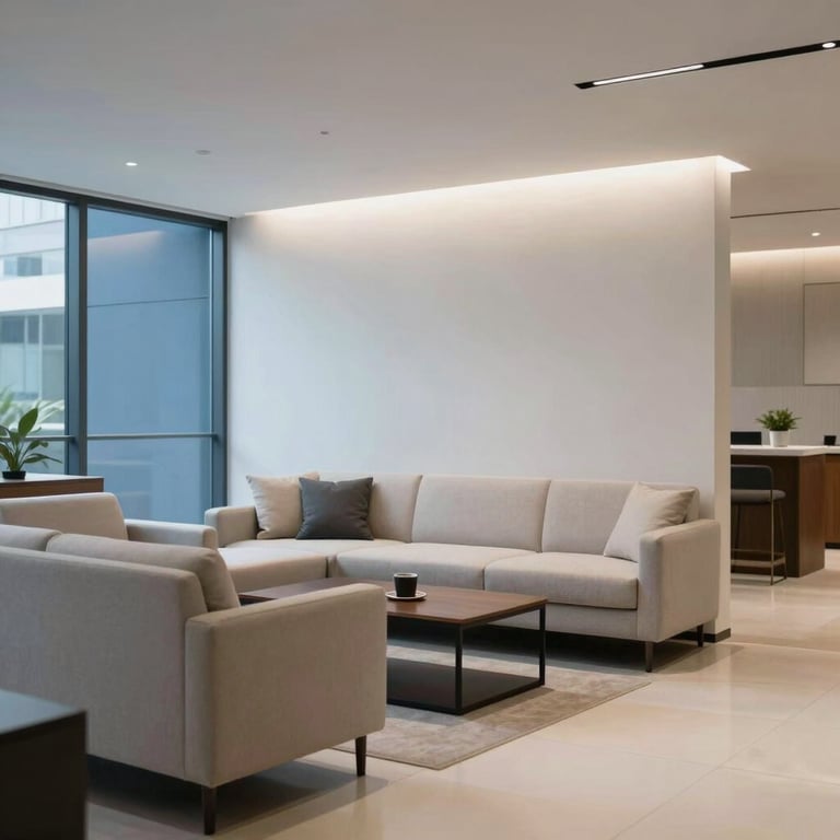 Modern lounge area in a corporate building in Brazil, designed for informal business meetings, with clean lines and off-white and blue color palette.