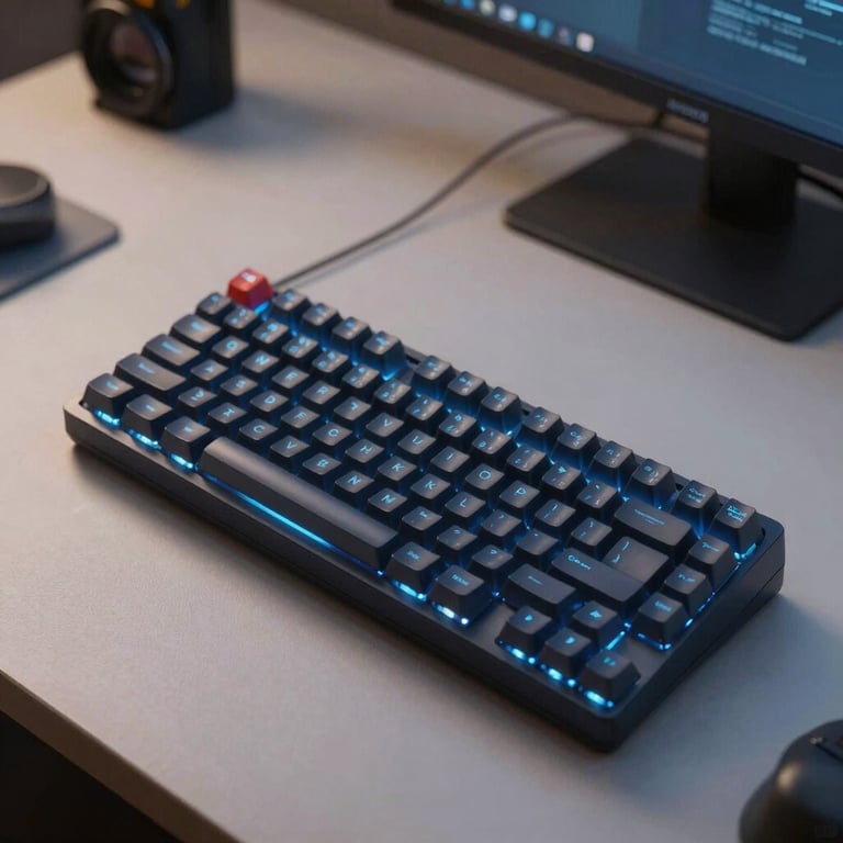 A high-end mechanical keyboard on a minimalist desk with soft blue backlight in a home office setting.