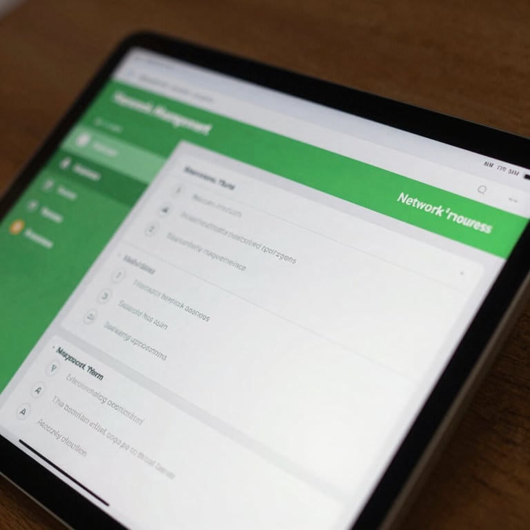 A close-up of a tablet displaying a sleek network management dashboard with Spring Green accents.