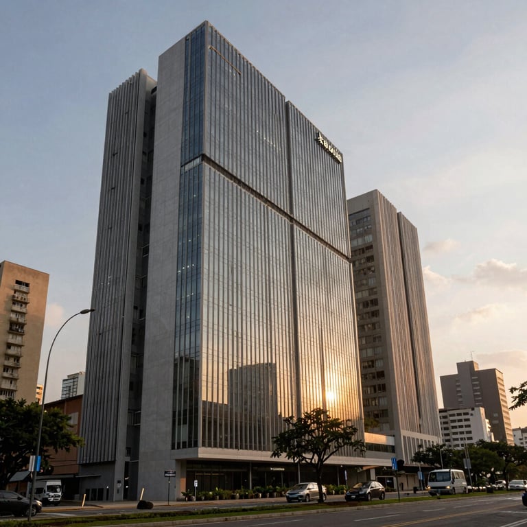 The exterior of a contemporary tech hub building in a major Brazilian city during sunset.