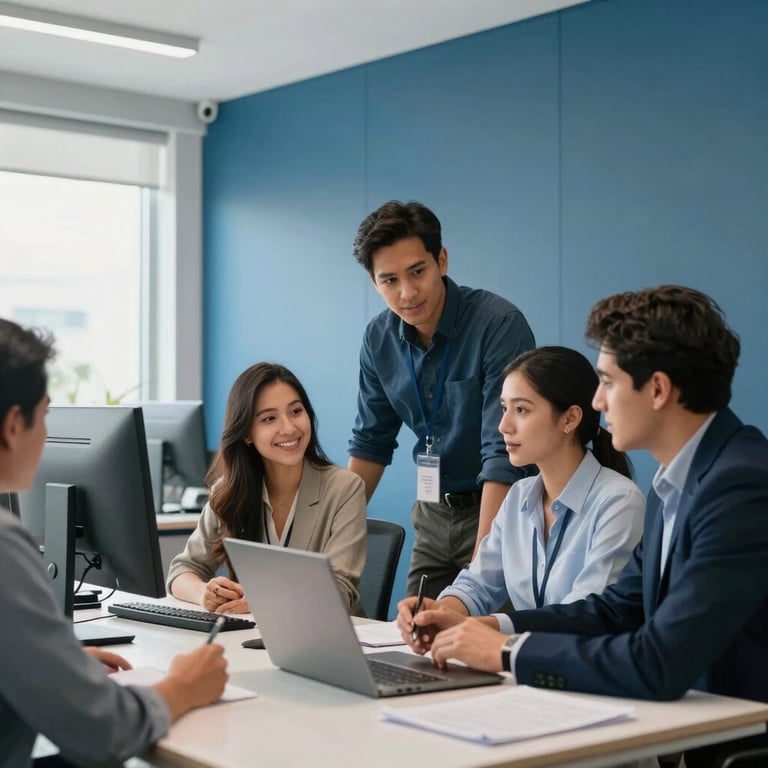 A group of South American IT professionals collaborating in a brightly lit, modern office with Steel Blue walls.