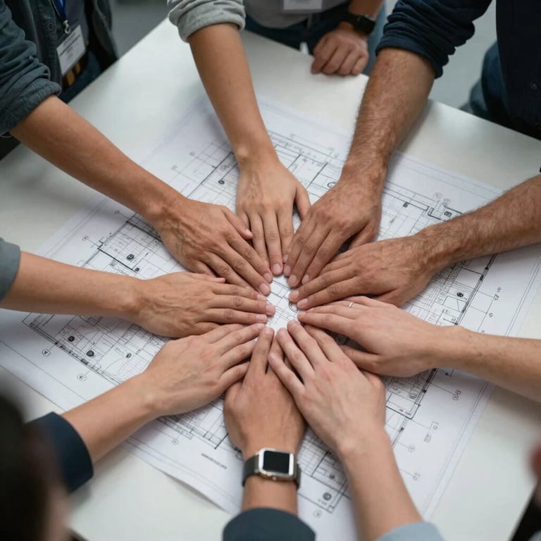 An overhead shot of a team's hands coming together over a blueprints table in a tech environment.