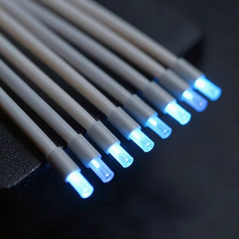 Detail shot of optic fiber cables glowing with soft blue light, representing high-speed connectivity.