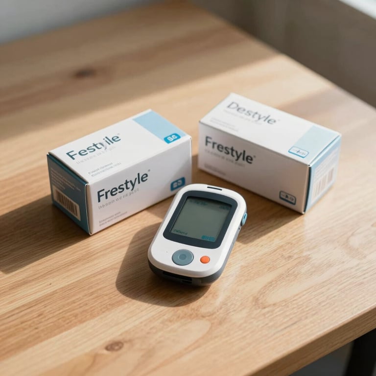 High-angle shot of factory-sealed Dexcom and Freestyle Libre boxes resting on a clean sunlit wooden table in Arizona, soft natural daylight casting gentle shadows