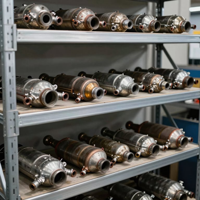 Dozens of used catalytic converters organized by size and type on a silver industrial shelving unit.