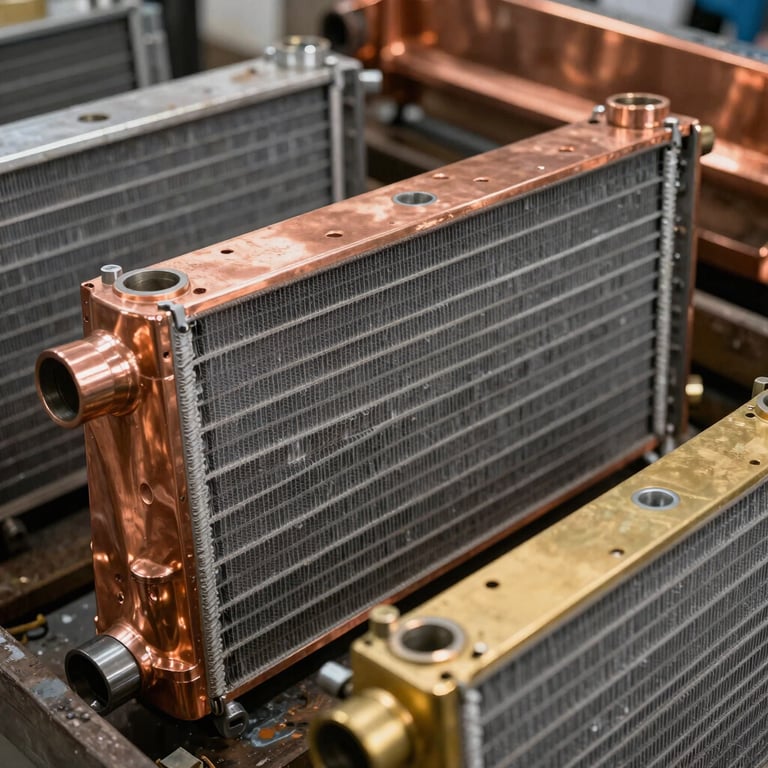 A close-up photograph of copper and brass automotive radiators prepared for recycling, showing high-quality scrap metal.