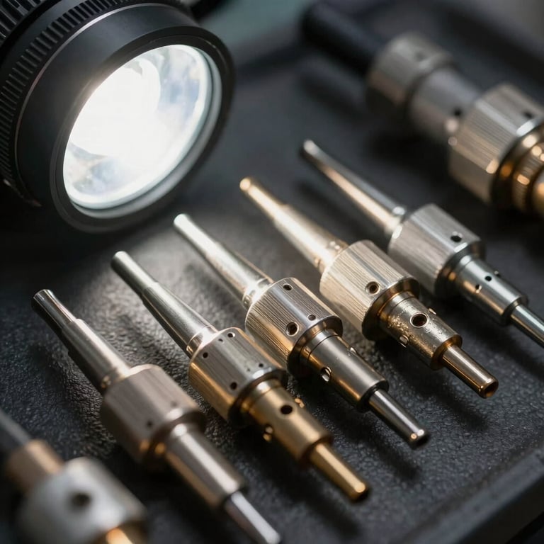 A close-up of automotive oxygen sensors gathered for precious metal recovery, photographed under bright industrial light.