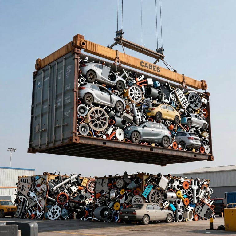 A large shipping container being loaded with recycled automotive components at a busy North American recycling terminal.